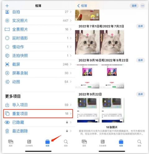 巫溪苹果手机维修分享iOS 16 中相册重复项目功能使用方法 