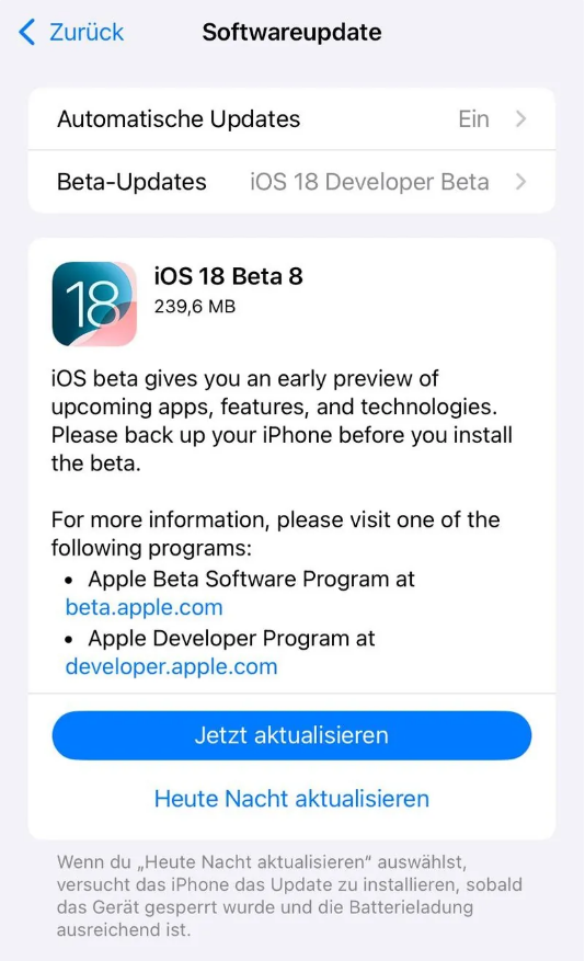 巫溪苹果手机维修分享苹果 iOS / iPadOS 18 开发者预览版 Beta 8 发布 